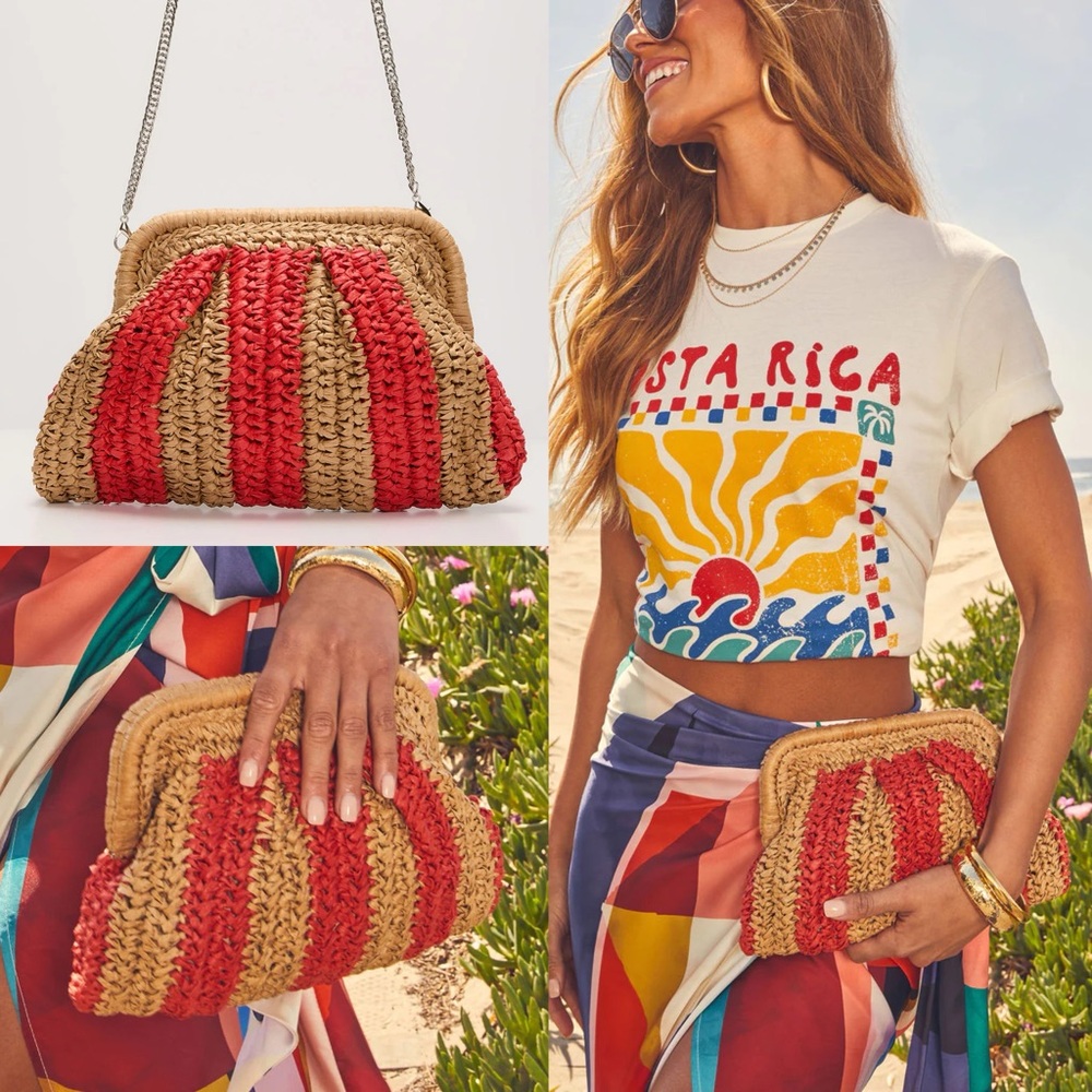 Orange Striped Two Tone Straw Clutch